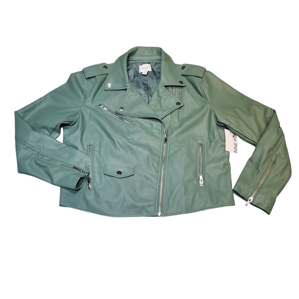 Nine West Sage Green Vegan Leather Motorcycle Jacket‎ Asymmetrical Zip Biker L